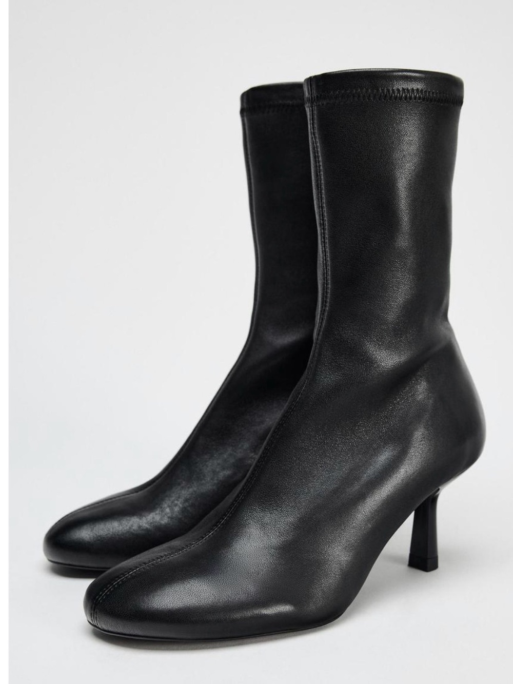 Zara Black Stretch Nappa Leather Mid-Calf Heeled Boots